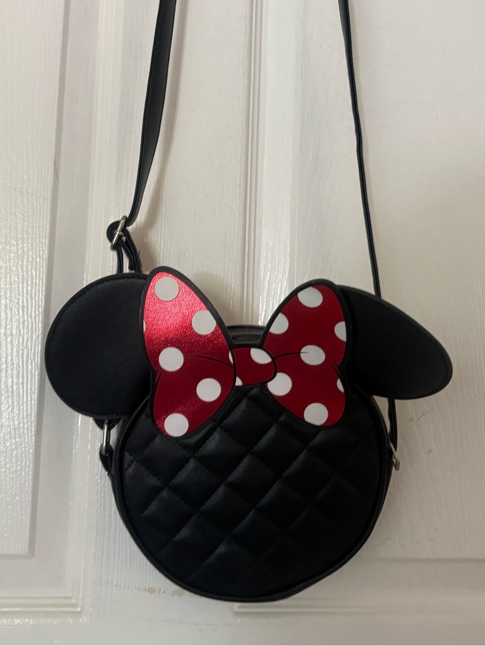 Disney Black Quilted Minnie Crossbody Bag with Red and White Polka Dot Bow
